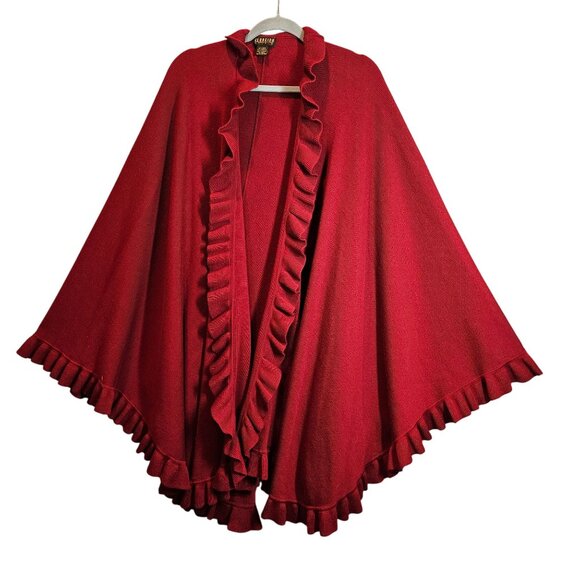 Georciou Womens Wool blend Red Ruffled Knit Cape Shawl tight knit elegant office - Picture 1 of 9